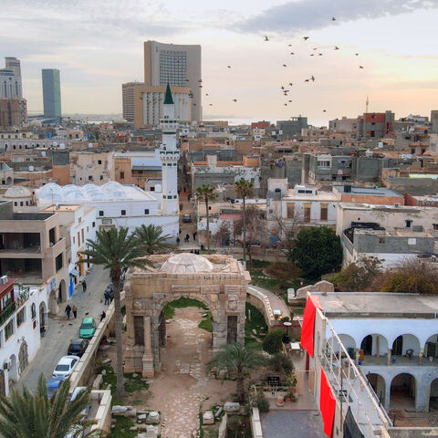 An Aerial view Taken by drone of Tripoli, Libya old City . You can see marcus aurelius arch, Cornthia Hotel, Dat Al-Emad, Burj Al-Fatah, Burj Abu-laila & JW Marriot Hotel 